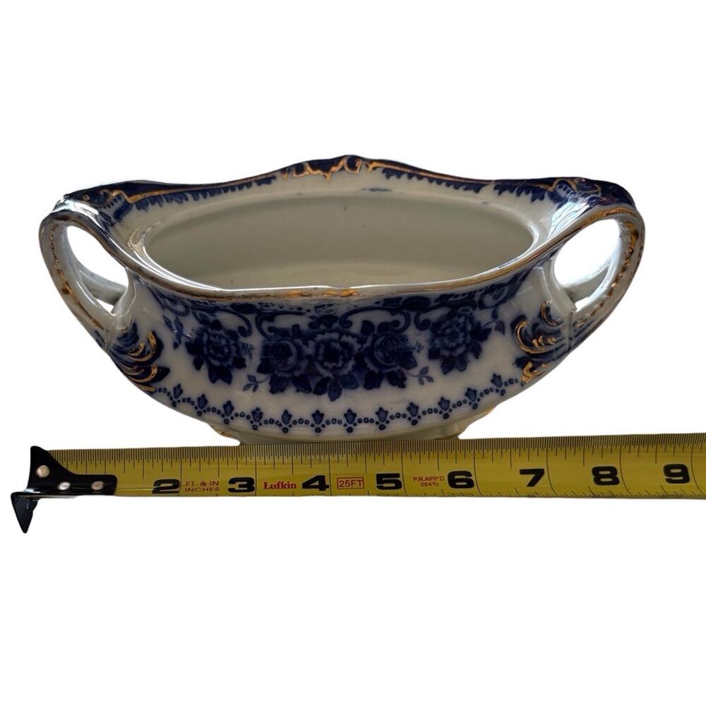 W.H Gridley & Co Blue Serving Bowl Vegetable Dish 2 Handle Antique Victorian - Picture 7 of 9